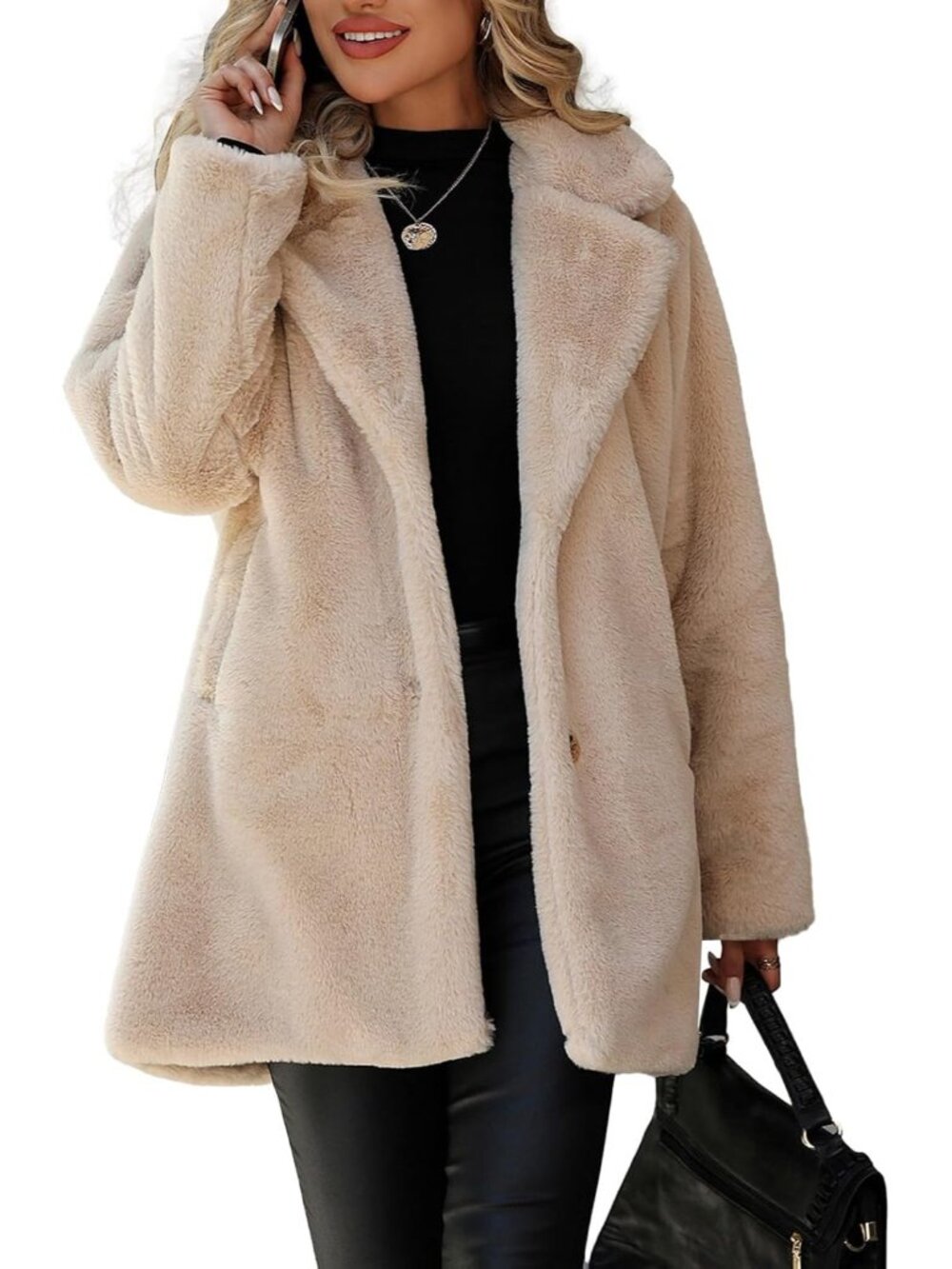 Women's Apricot Lapel Collar Long Sleeve Mid Length Button Up Furry Sherpa Coat